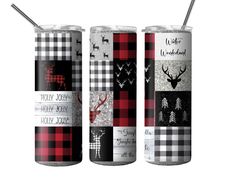 three cans with different designs on them, one is red and the other is black