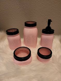 * Set of 5 * Toothbrush holder & soap dispenser jars * Candy pink color with black lids * other colors available  Hi, All custom orders WELCOME... ( I will change the description before you purchase on ALL CUSTOM ORDERS & SALES ARE FINAL NO RETURNS. THANKS Pink And Black Kitchen Decor, Pink And Black Kitchen, Pink And Black Bathroom Decor, Pink Bathroom Aesthetic, Pink And Black Bathroom, Pink Bathroom Accessories, Second Bathroom, Black Kitchen Decor, Black Bathroom Decor