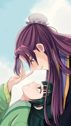 an anime character with long purple hair kissing another person's face in front of a blue sky