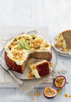 a cake on a plate with one slice cut out and the other half sliced off