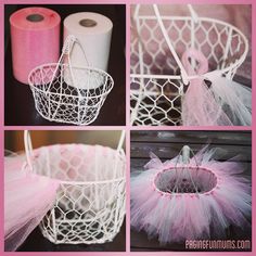 four pictures of pink and white baskets with tulle, toilet paper, and twine