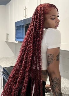 Red Hair Styles Hairstyles Braids, Red Twists Braids, Braids For Black Women Red Hair, Red Passion Twists Hairstyle Long, Red Bohemian Twist, Red Protective Hairstyles For Black Women, Burgundy Passion Twists Black Women, Red Twists Black Women, Red Braid Styles