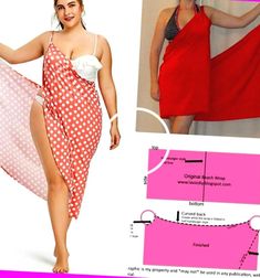 a woman in a red and white polka dot dress is holding a piece of fabric