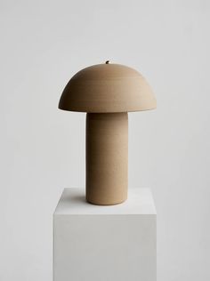 a mushroom shaped object sitting on top of a white block