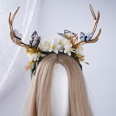 Fairy Butterfly Horn Flower Crown Gold Antler Headband Floral - Etsy Fairy Antlers, Woodland Elf Costume, Elf Headband, Elf Wedding, Elf Headpiece, Fairy Flower Crown, Antler Crown, Elven Costume, Flower Crown Hair