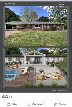 the before and after shots of a house with an in - ground swimming pool, covered patio