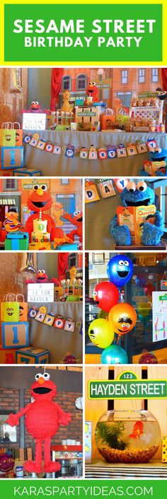 sesame street birthday party with balloons and decorations