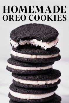 a stack of cookies with ice cream on top and the words homemade oreo cookies above it