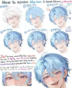 an anime character's face with different facial expressions and hair colors, including blue