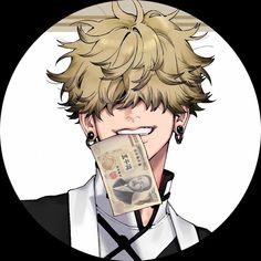 an anime character with blonde hair holding a money bill in front of his face and looking at the camera