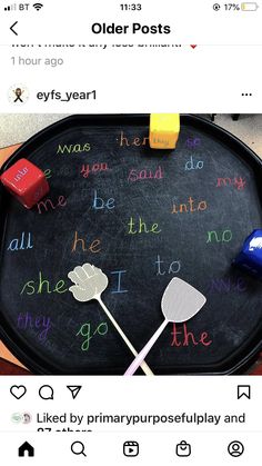 an instagram page with words written on the blackboard and two plastic spatulas