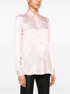 Find TOM FORD Satin Silk Shirt on Editorialist. blush pink silk satin weave lightweight construction tonal stitching pointed flat collar long sleeves with buttoned cuffs curved hem front button placket Feminine Long Sleeve Silk Shirt, Luxury Satin Formal Shirt, Luxury Pink Blouse, Designer Pink Formal Blouse, Elegant Formal Pink Tops, Pink Elegant Formal Tops, Elegant Long Sleeve Pink Shirt, Elegant Pink Long Sleeve Shirt, Elegant Pink Formal Tops