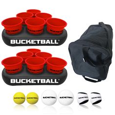 the bucket ball set includes six plastic cups and four carrying cases with matching balls in them