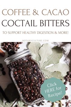 coffee and cacao cocktail bitters with text overlay that reads, coffee & cacoa cocktail bitters to support healthy digest & more