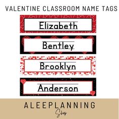 valentine's classroom name tags with hearts in red, black and white on them