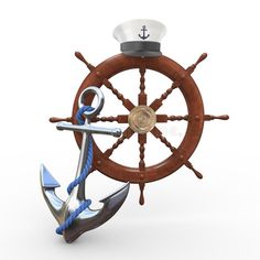 an anchor, steering wheel and hat on a white background