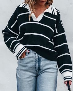 Stay warm and stylish this fall season with our Black and White Stripe Collared Sweater! This long-sleeved sweater features a collared v-neckline and ribbed detailing for a classic look. Made with a comfortable sweater material, the striped pattern adds a touch of sophistication. Simply style it with jeans, ankle booties, and a black clutch for a chic everyday outfit! Trendy Black V-neck Sweater For Fall, Chic V-neck Knit Polo Sweater, Knit V-neck Sweater With Ribbed Collar For Fall, Casual V-neck Sweater With Ribbed Collar For Fall, Trendy V-neck Sweater For Fall Workwear, Trendy V-neck Polo Sweater With Ribbed Collar, Black V-neck Sweater With Ribbed Cuffs For Fall, Trendy V-neck Sweater For Work, V-neck Polo Sweater For Work