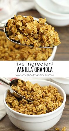 a spoon full of granola sitting on top of a wooden table next to another bowl filled with granola