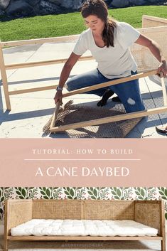 a woman kneeling down on the ground next to a wooden bench and chair with text overlay that reads, how to build a cane daybed