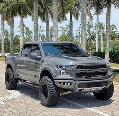 a large gray truck parked on top of a brick road next to palm tree lined street