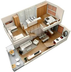 an overhead view of a two bedroom apartment with living room, kitchen and dining area