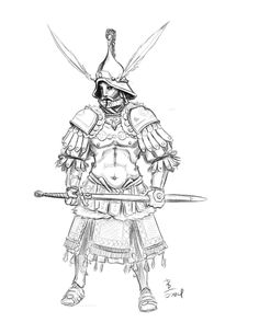 a drawing of a man in armor holding two swords