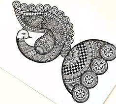 a black and white drawing of a bird with an intricate design on it's back