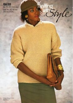 an advertisement for knitting with style featuring a woman in a sweater and skirt holding a purse