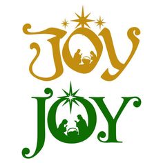 the word joy is written in green and yellow with an image of a baby jesus