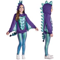 Purchase Mystical Dragon Child Costume at Michaels. com. Kids will love partying in this cute dragon costume. Everyone will believe in dragons when they see this Mystical Dragon Costume. This cute yet comfortable costume features a purple and iridescent blue dragon hoodie with attached wings, tail, and spines. Complete the look with the matching iridescent leggings. Shoes and makeup not included. Details: Green and purple Available in assorted child sizes Includes dragon hoodie with attached win Dragon Halloween Costume, Mystical Dragon, Dragon Halloween, Dragon Kid, Hooded Long Sleeve Shirt, Dragon Hoodie, Dragon Costume, Dragon Girl, Halloween Costume Shop