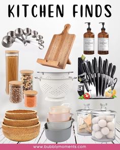 there are many kitchen items on the shelf in this photo, including utensils