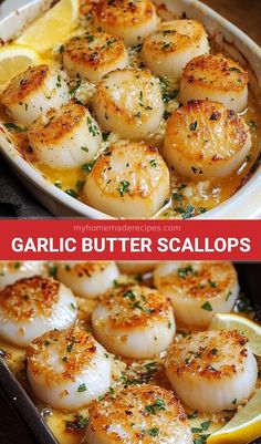 garlic butter scallops in a baking dish with lemon wedges