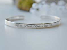 Inspirational bracelet can transmit good vibes and inspire positive energy with motivational quotes.  - Handmade elegant stacking cuff with mirror finish - Made from Silver 925 wire  - Text, coordinates, symbols, handwriting, logo possible inside or outside the cuff (or both sides) - Up to 90 characters on each side - Many fonts available - This bracelet is approximately 5 mm wide and 1,2 mm thick  SOME CUSTOMERS REVIEWS: Kasey on Aug 16, 2022 - The silver cuff bracelet is outstandingly beautifu 90 Characters, Handwriting Logo, Silver Bracelet For Women, Citation Positive, Silver Bracelets For Women, Inspirational Bracelets, Personalized Bracelet, Small Jewelry Box, Engraved Bracelet