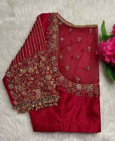 Hand embroidered ready made pure raw silk saree blouse / crop top/stitched saree blouse usa /purple hand saree blouse/ hand embroidered blouse/zardosi blouse/red heavy bridal saree blouse/ pure silk blouse/ red wedding heavy maggam work blouse        It is very true that a perfect blouse is the one which makes your saree look stand out !! If you find one of such a style that you have been wanting to have then dont let it go !! we carry such unique trending blouses that instantly add a stylish look to any saree !!     Well..!! we understand that you may not get in your desired size/pattern, here you go with customization according to your size/pattern which we can deliver in 1-2 weeks of time period !!      Here is a beautiful pure raw silk heavy Hand embroidered saree blouse in red  color Stones Work Blouse, Cheap Resham Embroidery Blouse For Puja, Maroon Embroidery Blouse, Red Silk Saree Blouse Designs, Red Blouse Embroidery Designs, Red Embroidered Blouse, Designer Red Dola Silk Blouse, Wedding Tops With Dabka Work, Wedding Tops With Dabka Work For Diwali