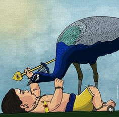 a man laying on the ground next to a bird with a trumpet in it's mouth