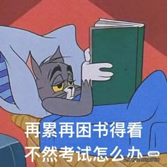 an animated image of a cat laying in bed reading a book with the caption that reads,