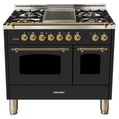 a black stove top oven with two burners and one door on each side, in front of a white background