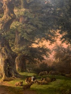 a painting of sheep grazing in a wooded area