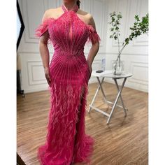 Caramel Mermaid Sleeveless Evening Gown: High Split with Beaded Feathers for Women's Wedding Party 2024 Beaded Feathers, Beaded Bodice, Mermaid Silhouette, Evening Gown, Formal Event, Evening Dress, Pretty In Pink, Evening Gowns, Bead Work