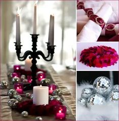 a collage of photos with candles and decorations on it, including roses, balls, feathers, and other items