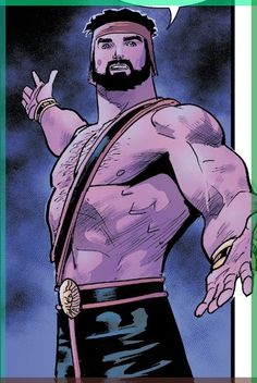 a man with a beard and no shirt standing in front of a comic strip