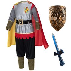 PRICES MAY VARY. The costume includes a tops, pants, belt, cloak, plastic shield, and foam sword, giving kids everything they need to complete their knightly look. High-Quality Material: Made of durable and comfortable polyester fabric that is perfect for kids to wear for extended periods of time. The costume features an intricate design with perfect details that will make your child look like a real-life knight straight out of the Middle Ages. This costume is sure to inspire hours of imaginativ Roman Knight, Roman Warriors, California Costumes, Bravest Warriors, The Middle Ages, Blackest Knight, Boy Costumes, Intricate Design