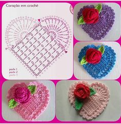 crocheted hearts with flowers in different colors