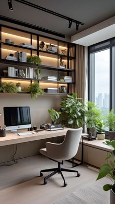 a home office with large windows and plants on the desk, along with bookshelves