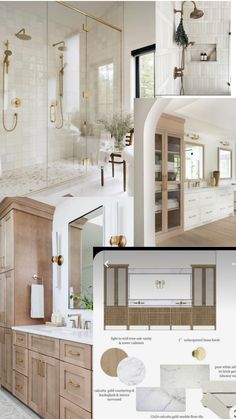 the bathroom is all white and has wood cabinets, marble counter tops, and gold fixtures