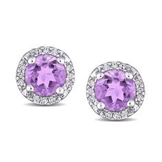 Ross-Simons - .80 ct. t. w. Amethyst Earrings with Diamond Accents in Sterling Silver. Major color and sparkle can come at a very nice price. Rich purple glows from this pair of .80 ct. t. w. round amethyst earrings, encircled in icy diamond accents and set in polished sterling silver. A great way to liven up your workday looks, and a perfect February birthstone pair. Post/clutch, diamond and amethyst earrings. Amethyst birthstones are the perfect gift for February birthdays. Formal Purple Round Earrings, Purple Clutch, Amethyst Birthstone, Amethyst Studs, February Birthday, Rich Purple, February Birthstone, Amethyst Earrings, February Birth Stone