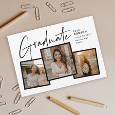 a graduation announcement card with three photos and pencils next to it on a table