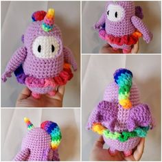 there are four pictures of a crocheted stuffed animal