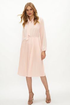 Style: Shirt DressDesign: PlainFabric: GeorgetteLength: MidiNeckline: High NeckSleeve Length: Long Sleeve Long Pleated Dress, Spring Lookbook, Pleated Shirt Dress, Dress Office, Tie Neck Dress, Pleated Shirt, Dress Stores Online, Bright Colours, Style Shirt