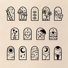 an assortment of window stickers with different designs and shapes on the windowsills